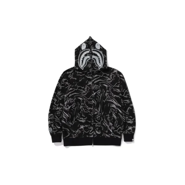 BAPE Marbling Camo Shark Hoodie - Black - Front